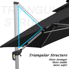 Patio Umbrella With Lights Deluxe Solar Powered LED Square Offset Hanging Umbrella Outdoor Cantilever Umbrella