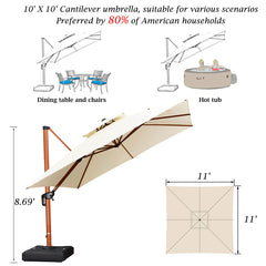 Patio Umbrella Large Cantilever Umbrella Windproof Offset Umbrella Wood Pattern Heavy Duty Square Outdoor Umbrella