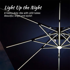 Patio Umbrella With Lights Deluxe Solar Powered LED Square Offset Hanging Umbrella Outdoor Cantilever Umbrella