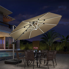 Patio Umbrella With Lights  Large Cantilever Umbrella Outdoor Shade Windproof Offset Umbrella Heavy Duty Sun Umbrella